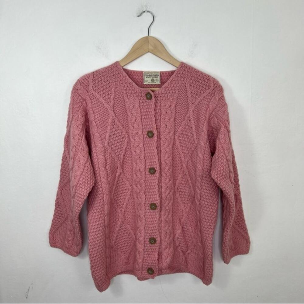 Connemara Knitwear Pink Irish Cable Knit Merino Wool Cardigan Sweater Size S